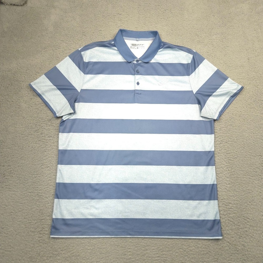 Nike Victory Bold Stripe Golf Polo Shirt Mens XL Blue Gray Striped Dri Fit